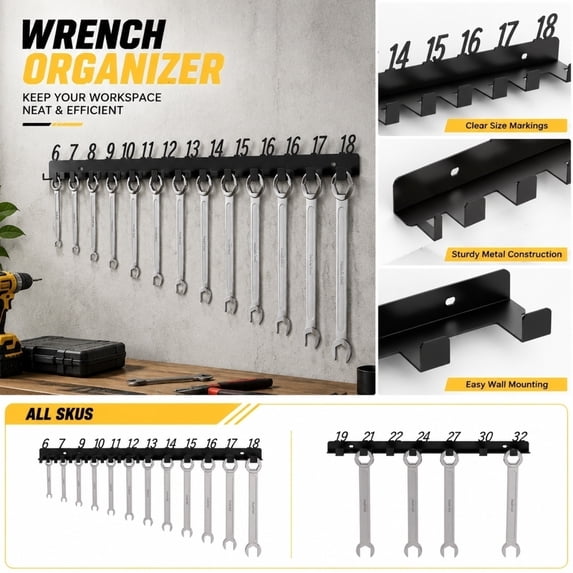 Garage Wall Organizer, Wrench Holder, Garage Storage Rack, Wall Storage Organizer, Heavy Duty Black 16X1.5X4 Inch Wall Mount Wrench Rack, Portable Wall Mounted Hook Rack Designed