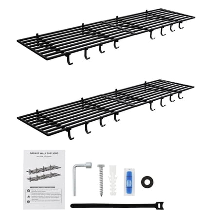 Garage Wall Shelves,2x4ft Wall Mount Storage Shelf with Hooks,2 Pack Heavy Duty Garage Wall Shelving Set,Shelf Warehouse Organization System,Holds 200 Lbs Each for Shop,Garage Storage
