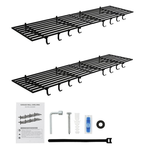 Garage Wall Shelves,2x4ft Wall Mount Storage Shelf with Hooks,2 Pack Heavy Duty Garage Wall Shelving Set,Shelf Warehouse Organization System,Holds 200 Lbs Each for Shop,Garage Storage