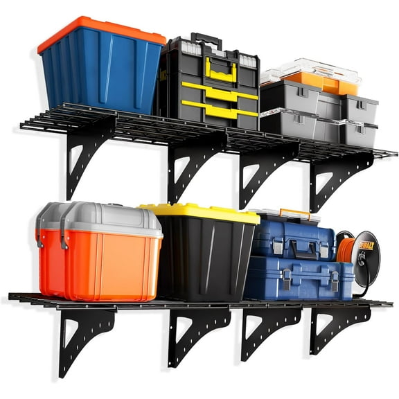 Garage Wall Shelving, 4-Pack 2x4ft Wall Shelf Storage Rack,Sturdy Wall Shelves for 1000 LBS,Black,Heavy Duty Garage Shelving Wall Mounted for Garage,Storeroom,Kitchens and Basement