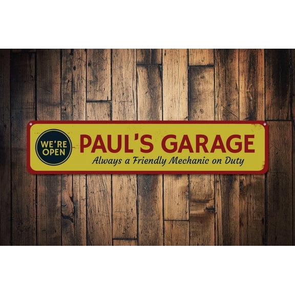 Garage We're Open Sign Friendly Mechanic Name Sign Custom Garage Decor Metal Man Cave Sign Cave Signs - Size: 16 x 4 Inches
