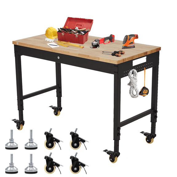 Garage Workbench – Adjustable Height, Rubber Wood Top, 2000lbs Capacity, Power Outlets, Pegboard, Light, 4 Lockable Wheels – Mobile Table for Workshop, Office