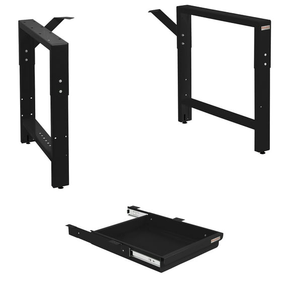 Garage Workbench Table Frame 26" Depth and 2" High Drawer Kit - Height Adjustable 29" to 35" - Black