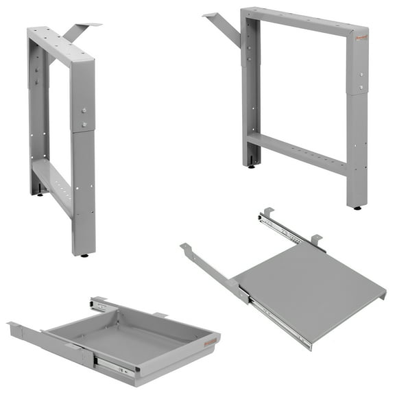 Garage Workbench Table Frame 26" Depth and Pullout Shelf and 2" High Drawer Kit - Height Adjustable 29" to 35" - Gray