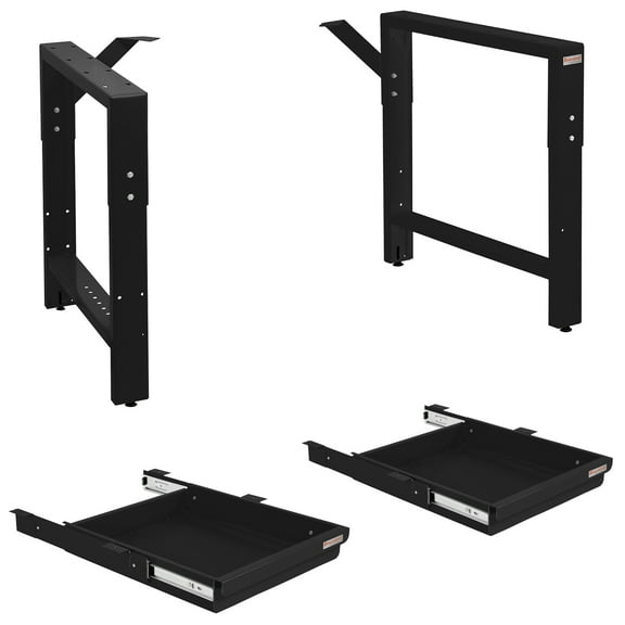 Garage Workbench Table Frame 26" Depth and Two 2" High Drawer Kit - Height Adjustable 29" to 35" - Black
