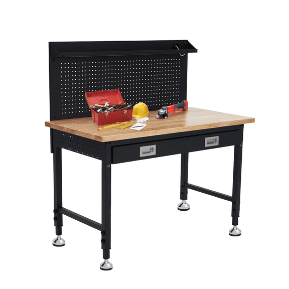 Garage Workbench – Wood Top, Steel Frame, 4 Outlets & 2 USB, 2000 lb, Drawer, Back Panel, Light Strip – Garage, Workshop – Black & Wood