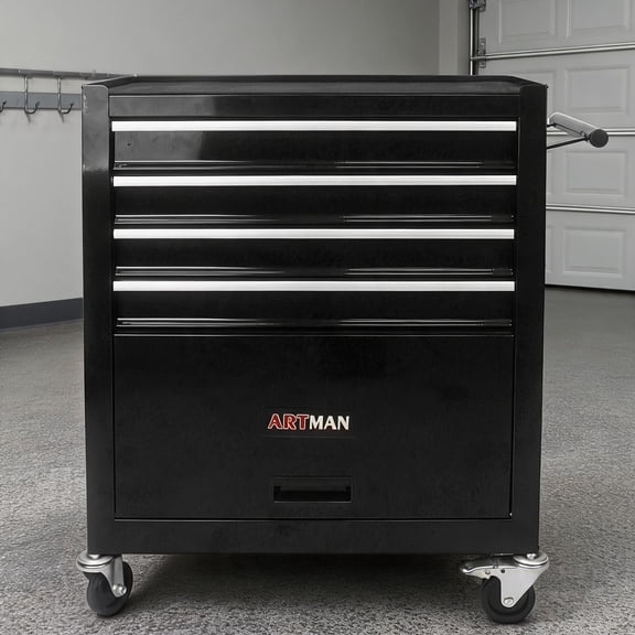 Garage Workshop Jet Black Powder-Coated Steel 4-Drawer Tool Cart for Tool Organization, Contemporary Industrial Style