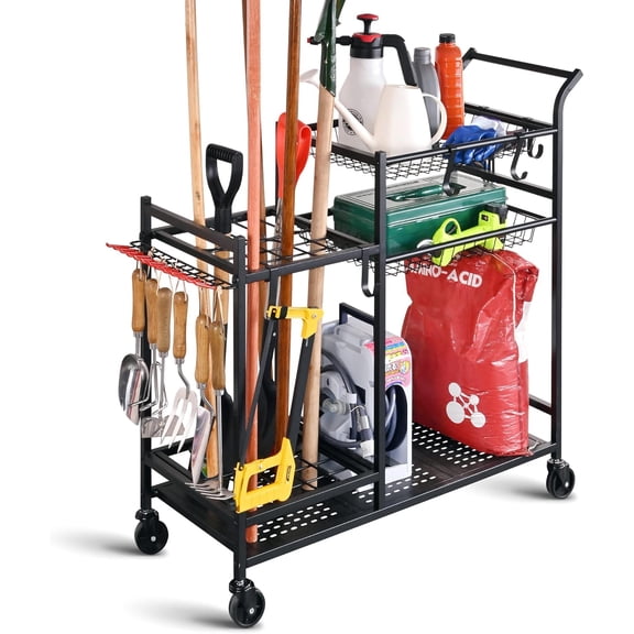 Garage, garage Storage storage Organizer organizer Tool broom mop Holder holder Rack, PLKOW Garden with Wheels, Yard for Rakes, Shovel, Fertilizer, Shed, Outdoor