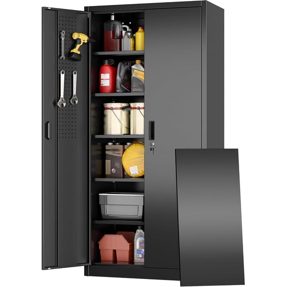 Garage storage cabinet with 5 adjustable shelves, metal locker with nail doors, suitable for garages, homes, black, assembly required, 71 inches high x 34 inches wide x 18 inches deep