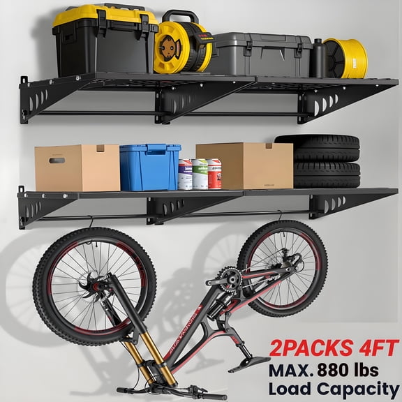 Garage Wall Shelves,ENJOYWOOD 2PACK 4FT 2 Tier Heavy Duty Garage Wall Shelving With Hooks,Wall Mounted Garage Shelf for Garage Storage Organization,Black