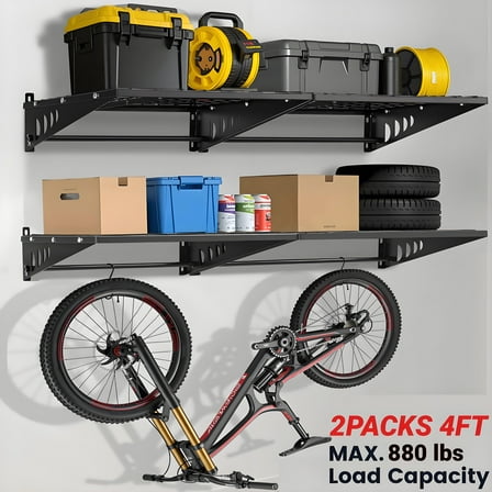 Garage Wall Shelves,ENJOYWOOD 2PACK 4FT 2 Tier Heavy Duty Garage Wall Shelving With Hooks,Wall Mounted Garage Shelf for Garage Storage Organization,Black