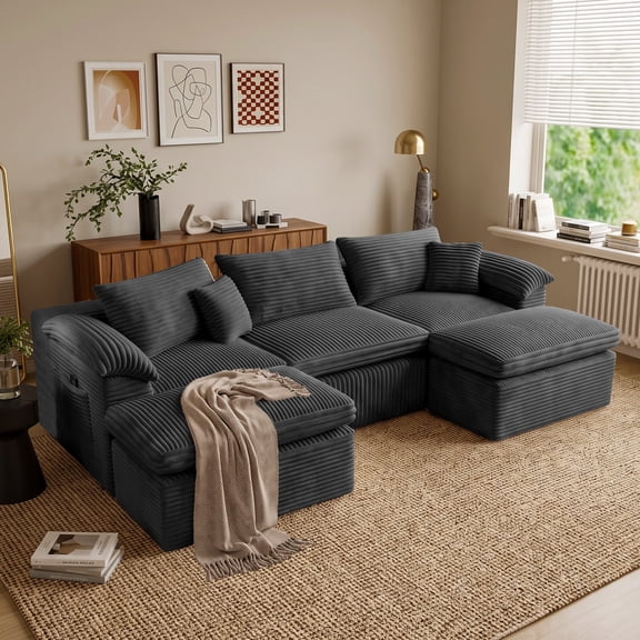 Garaneeds 106" U-Shaped Modular Boneless Sectional Sofa for Living Room, Cloud Couch with 2 Ottomans, 43" Deep Seats, Corduroy Fabric, 5-Piece, Black