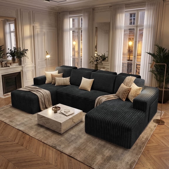 Garaneeds 113" Oversized U Shaped Sectional Sofa for Living Room, Modular Boneless Cloud Couch with Chaise, Corduroy Deep Seat Sofa, High Back Support, No Assembly Required, Gray