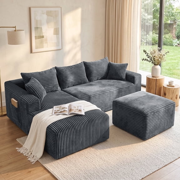 Garaneeds 95" U-Shaped Modular Sectional Sofa, Boneless Couch for Living Room, Extra Deep Seats with Left-Facing Chaise & Ottoman, Corduroy Fabric, No Assembly Required, Grey