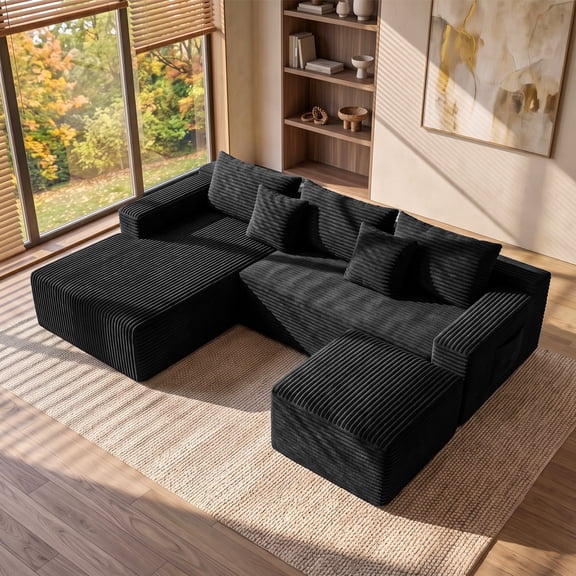 Garaneeds 95" U-Shaped Sectional Sofa, Boneless Modular Couch for Living Room, Extra Deep Seat with Left-Facing Chaise & Ottoman, Corduroy Upholstery, No Assembly Required, Black