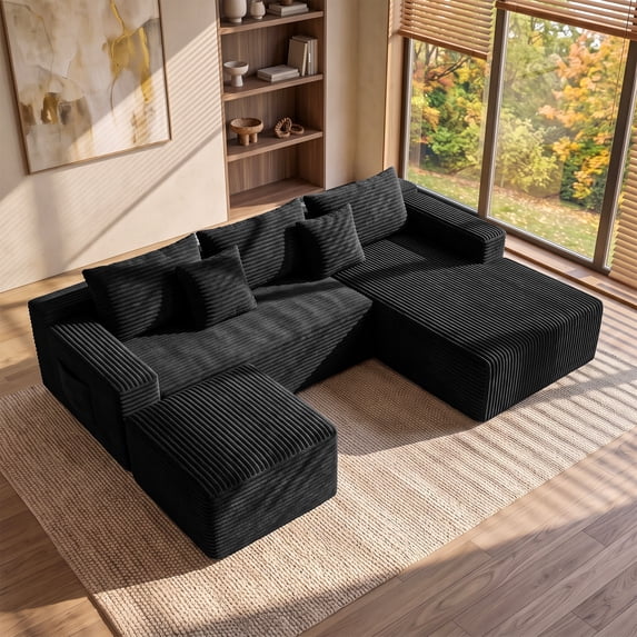 Garaneeds 95" U-Shaped Sectional Sofa, Boneless Modular Couch for Living Room, Extra Deep Seat with Right-Facing Chaise & Ottoman, Corduroy Upholstery, No Assembly Required, Black