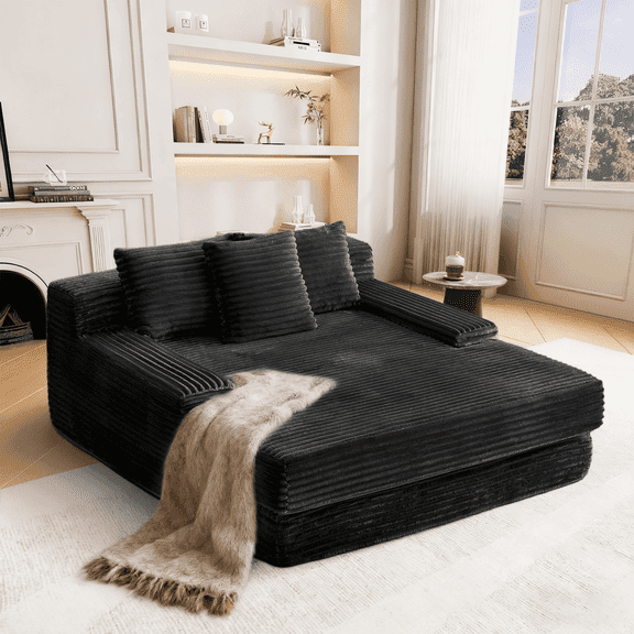 Garaneeds Chaise Lounge Chair Indoor, Corduroy Upholstered Boneless Couch Reading Chair, Deep Seat Sleeper Couch for Living Room, Dorm, Apartment, No Assembly Required, Black