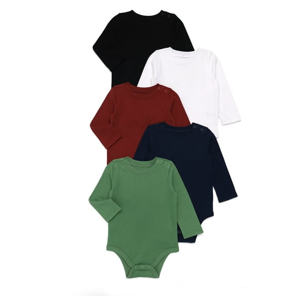 Garanimals Baby Boys Solid Jersey Bodysuits with Long Sleeves, 5-Pack, Sizes 0-24 Months