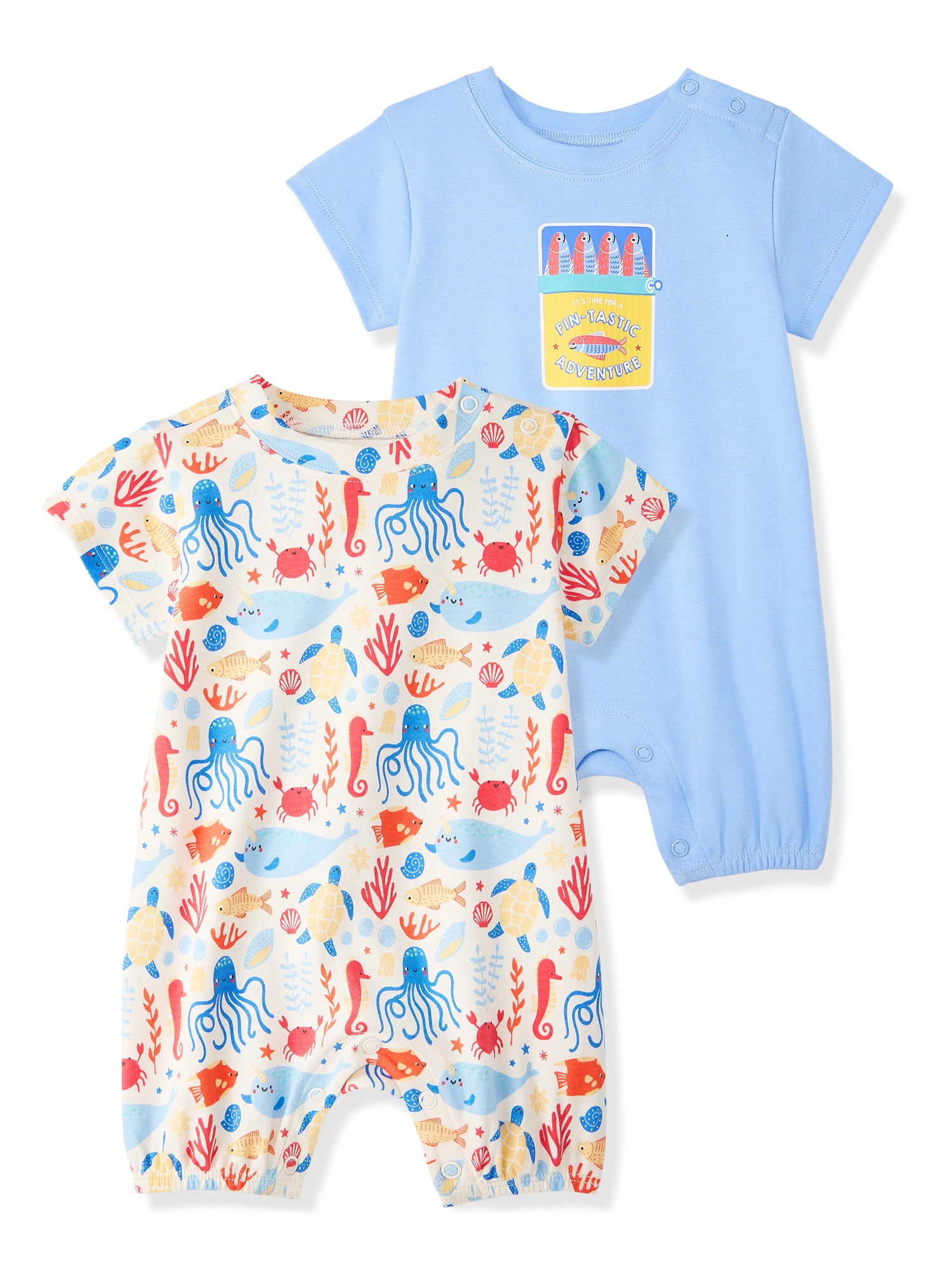 Garanimals Newborn & Baby Boy Cotton Short Sleeve Rompers, Graphic Prints, 2-Pack, Sizes 0 - 24M
