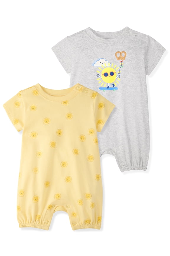 Baby Boy Cotton Short Sleeve Rompers, Graphic Prints, 2-Pack, 0–24M