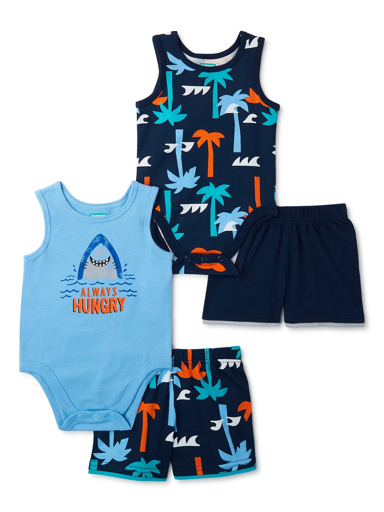 Garanimals Baby Boy Sleeveless Tank Bodysuit and Shorts Outfit Set, 4-Pack,  Sizes 0-24 Months 