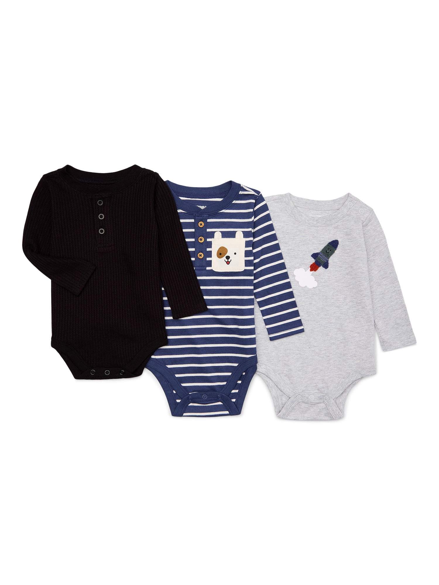 Garanimals Baby Boy Long Sleeve Fashion Bodysuits Multipack, 3Pack