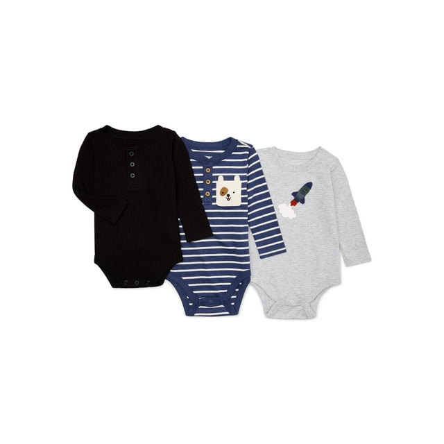 Garanimals Baby Boy Long Sleeve Fashion Bodysuits Multipack, 3Pack