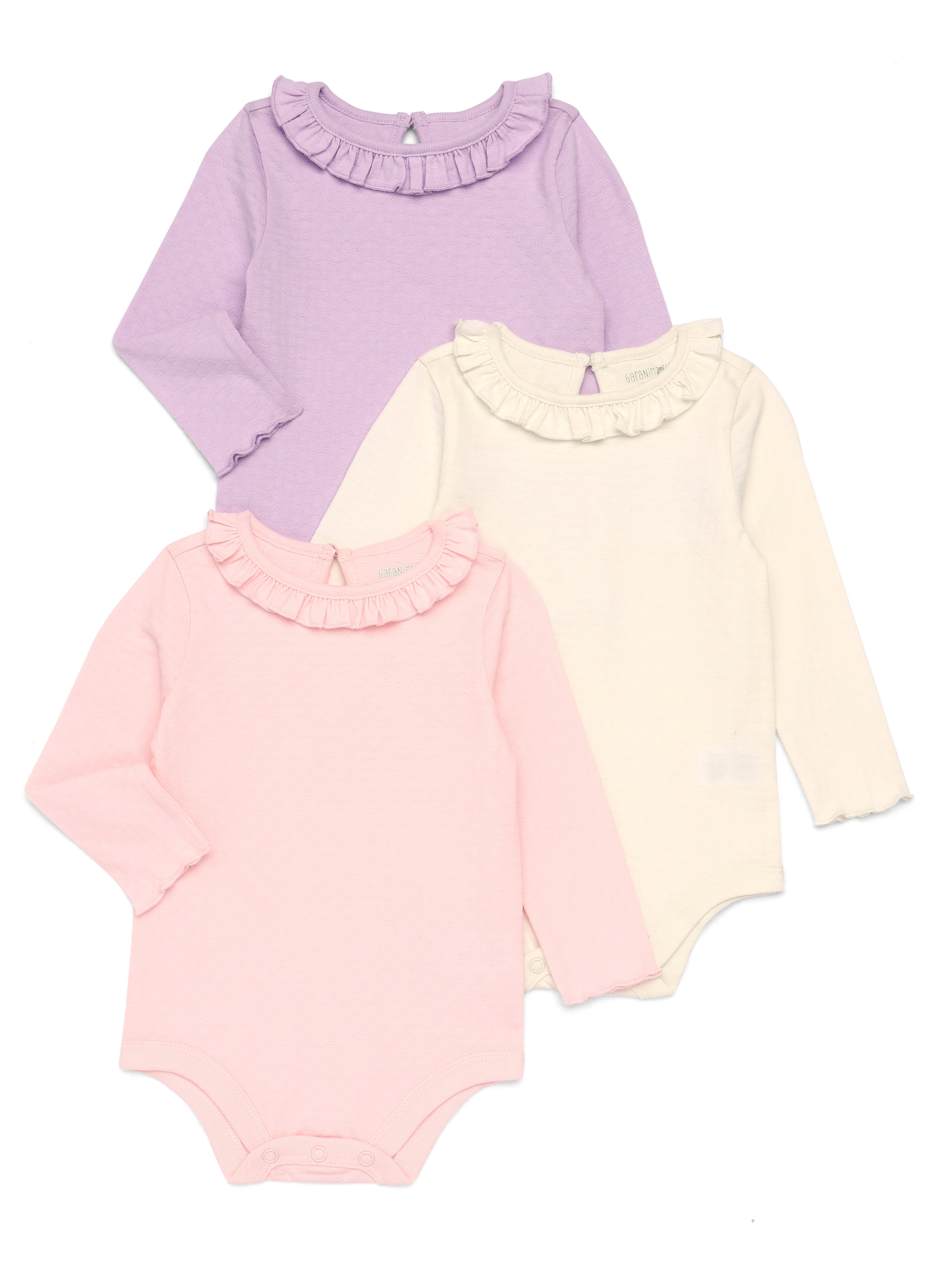 Garanimals Baby Girls Pointelle Bodysuits with Long Sleeves, 3-Pack, Sizes 0-24 Months