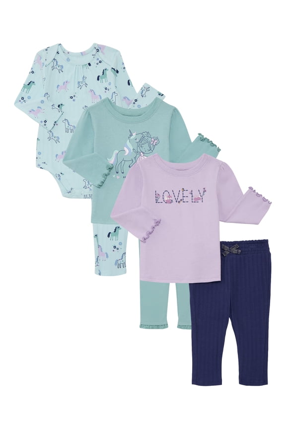 Baby Girls Bodysuit, Graphic Tees, and Leggings Set, 6-Pieces, Sizes 0M-24M