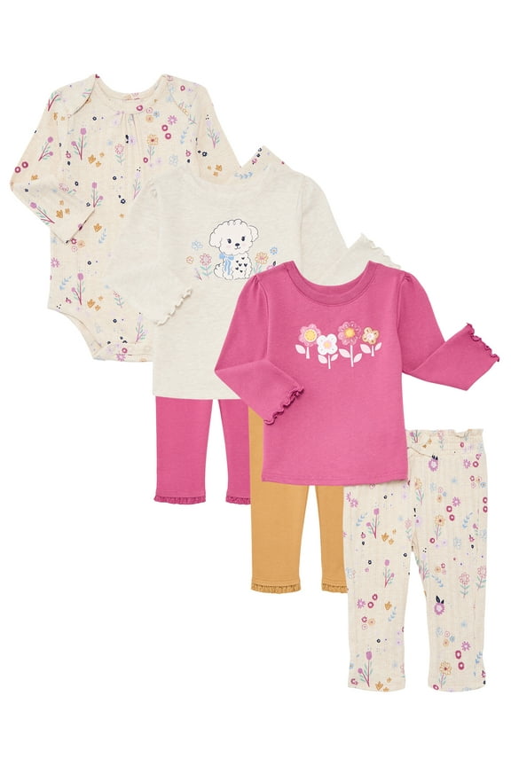 Baby Girls Bodysuit, Graphic Tees, and Leggings Set, 6-Pieces, Sizes 0M-24M