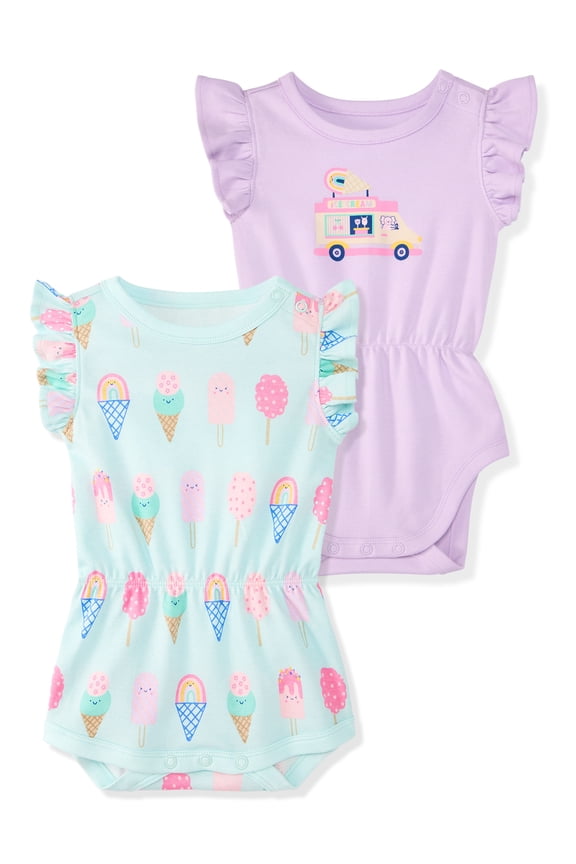 Baby Girl Cotton Short Sleeve Rompers, Graphic Prints, 2-Pack, 0–24M