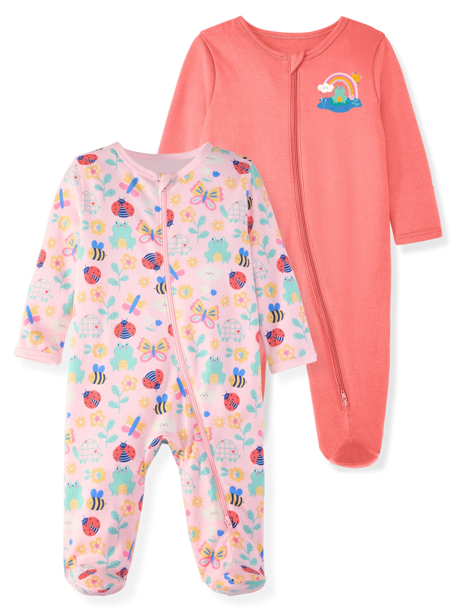 Garanimals Baby Girl Cotton Footed Sleep & Play Pajamas, Graphic Prints, 2-Pack, Sizes Newborn - 9M