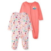 Garanimals Baby Girl Cotton Footed Sleep & Play Pajamas, Graphic Prints, 2-Pack, Sizes Newborn - 9M