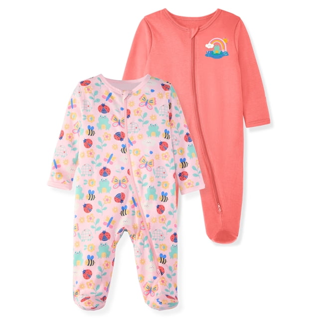 Garanimals Baby Girl Cotton Footed Sleep & Play Pajamas, Graphic Prints, 2-Pack, Sizes Newborn - 9M
