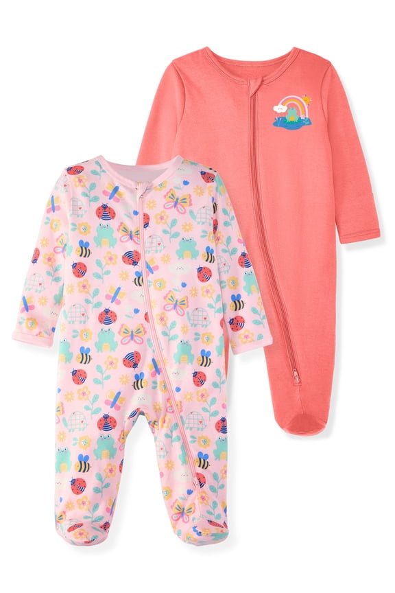 Baby Girl Cotton Footed Sleep & Play Pajamas, Graphic Prints, 2-Pack, Newborn–9M