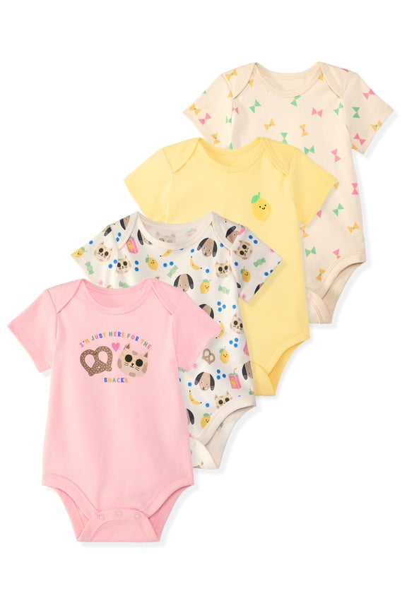 Baby Girl Cotton Lap-Shoulder Short-Sleeve Bodysuits, 4-Pack, 0–24M