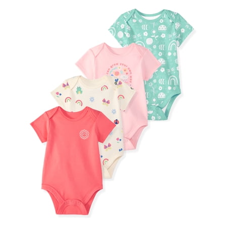 Garanimals Newborn & Baby Girl Cotton Lap-Shoulder Short-Sleeve Bodysuits, 4-Pack, Sizes 0–24M