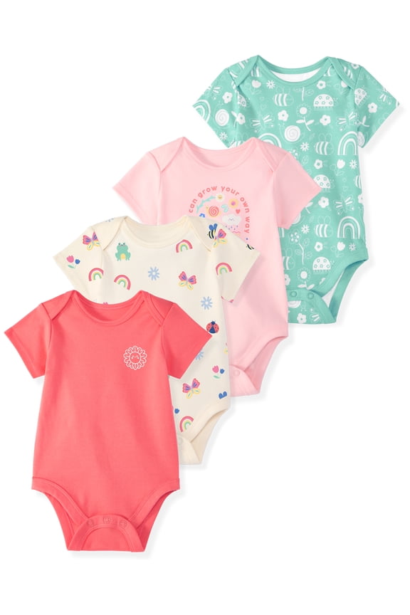 Baby Girl Cotton Lap-Shoulder Short-Sleeve Bodysuits, 4-Pack, 0–24M