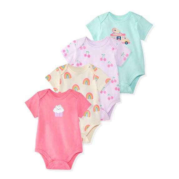 Garanimals Newborn & Baby Girl Cotton Lap-Shoulder Short-Sleeve Bodysuits, 4-Pack, Sizes 0–24M