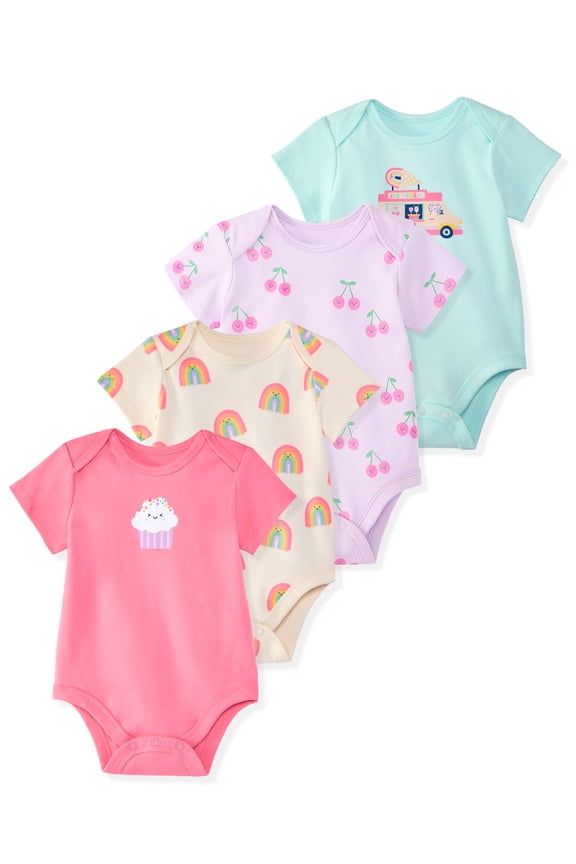 Baby Girl Cotton Lap-Shoulder Short-Sleeve Bodysuits, 4-Pack, 0–24M