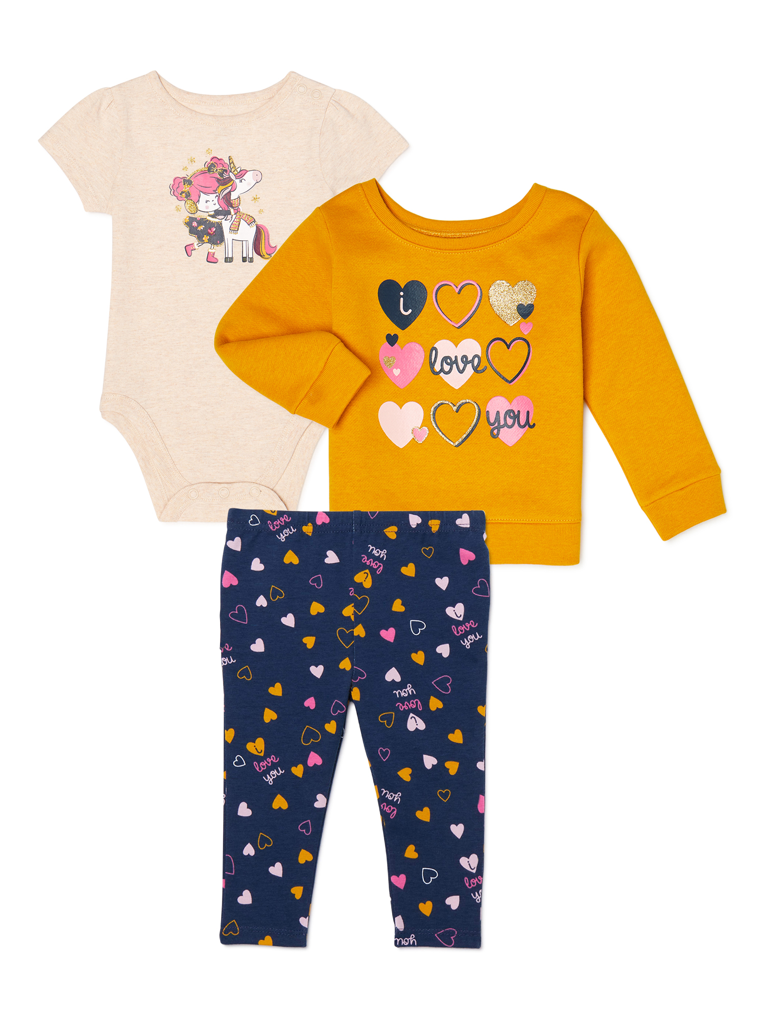 Garanimals Baby Girl Fleece Sweater, Bodysuit & Pants Outfit Set, 3