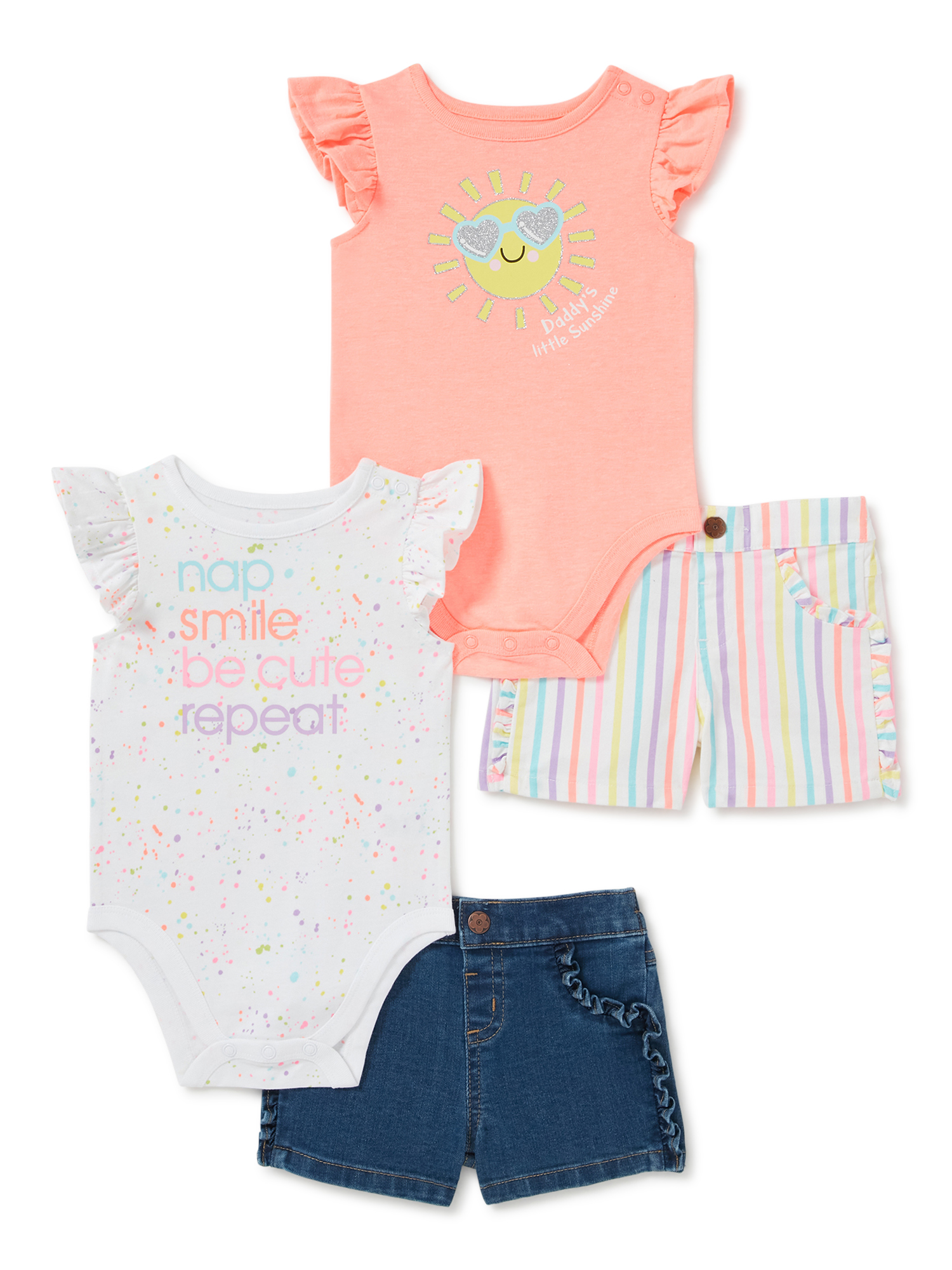 Garanimals Baby Girl Flutter Sleeve Bodysuit and Shorts Outfit Set, 4
