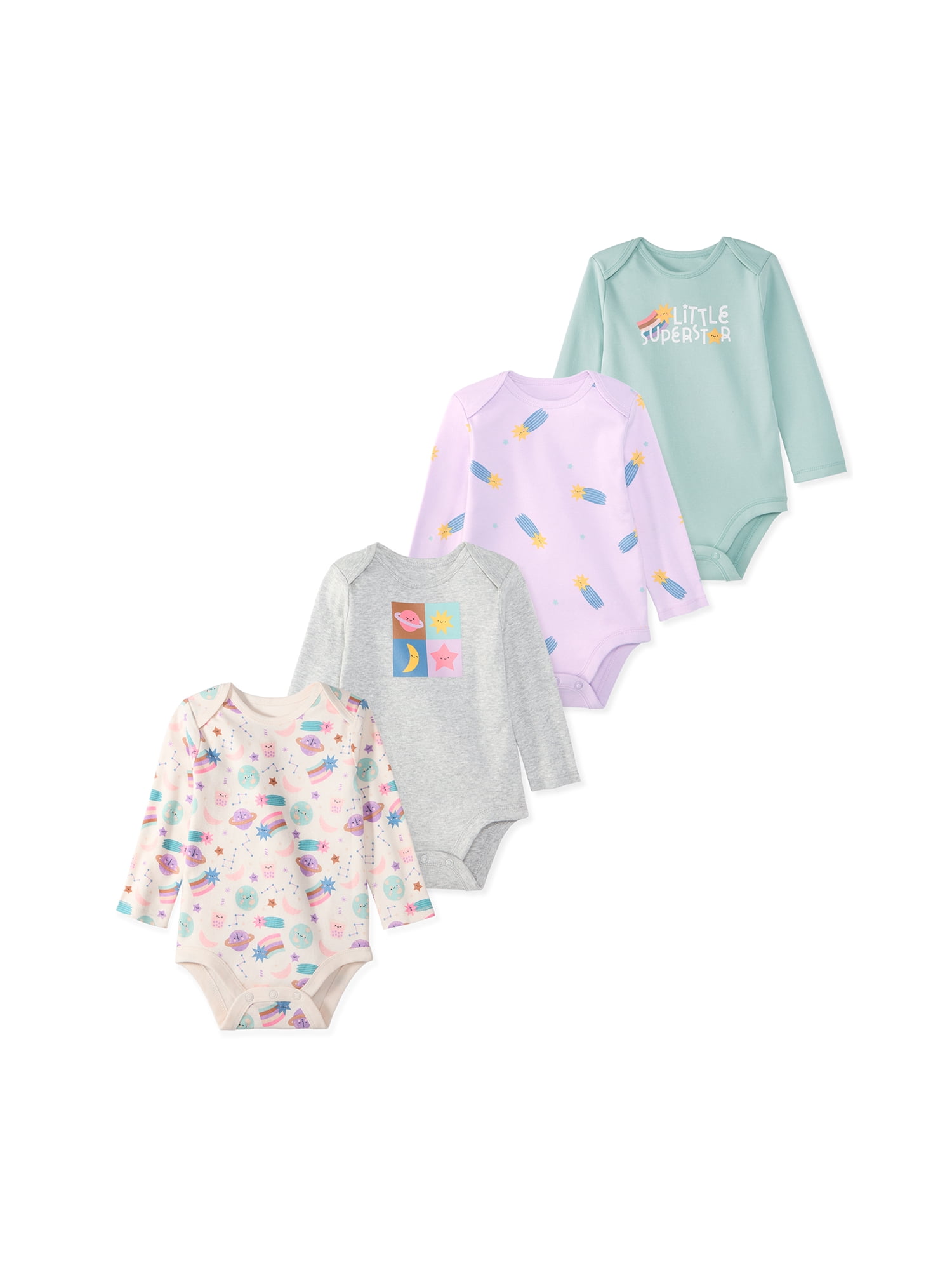 Garanimals Newborn & Baby 100% Cotton Long Sleeve Bodysuits, Sizes 0–24M, 4-Pack