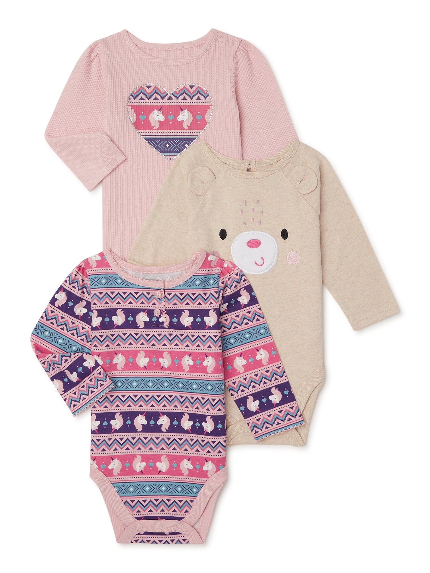 Garanimals Baby Girl Long Sleeve Bodysuit Multipack, 3Pack (0/3M24M