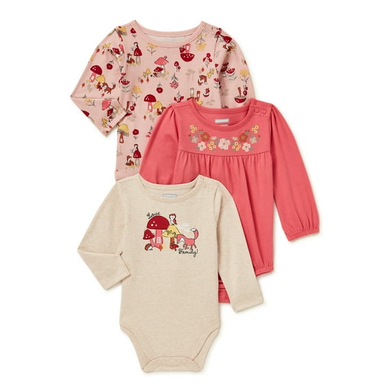 Garanimals Baby Girl Long Sleeve Bodysuits, 3-Pack, Sizes 0/3-24 Months