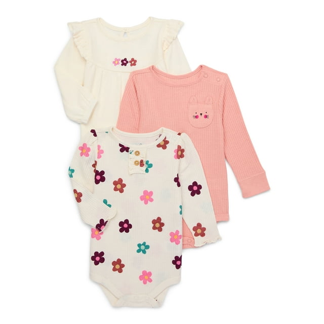 Garanimals Baby Girl Long Sleeve Fashion Bodysuits Multipack, 3Pack