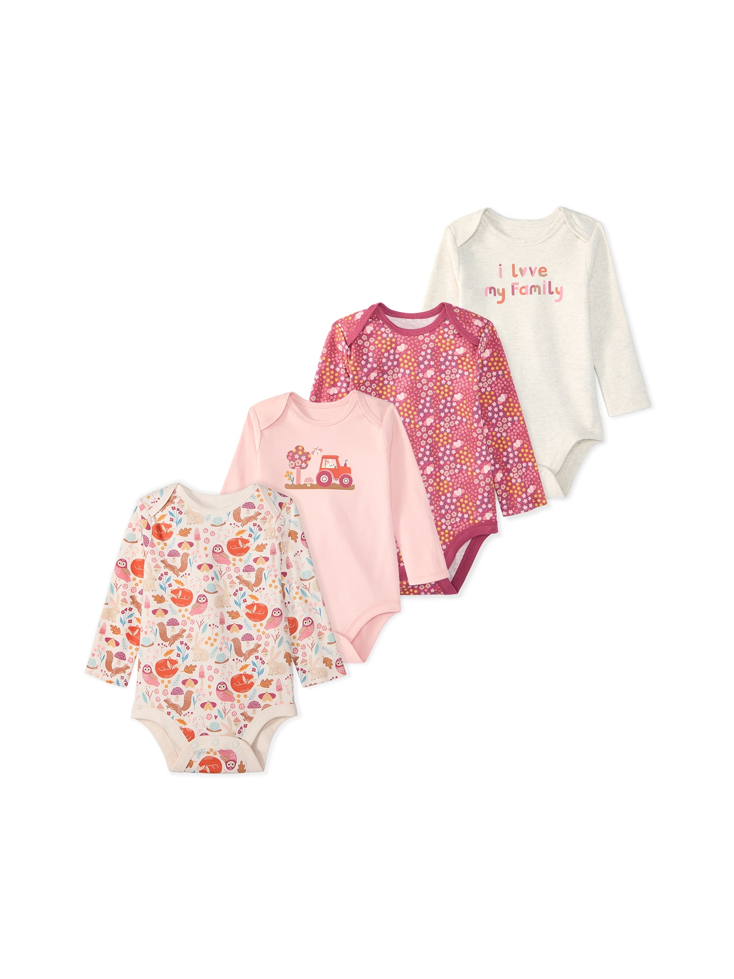 Garanimals Newborn & Baby 100% Cotton Long Sleeve Bodysuits, Sizes 0–24M, 4-Pack