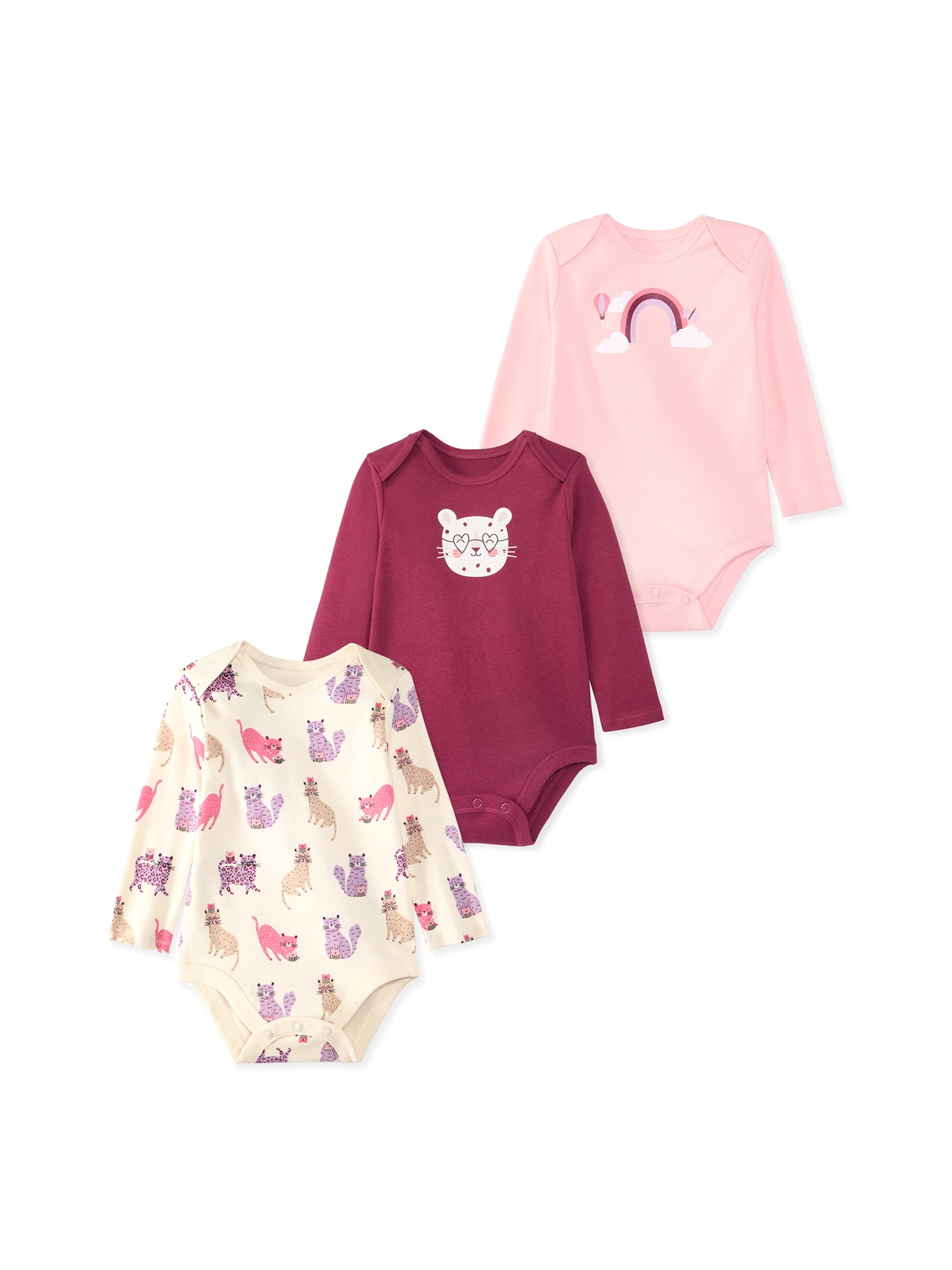Garanimals Newborn & Baby Girl 100% Cotton Long Sleeve Bodysuits, Sizes 0–24M, 4-Pack