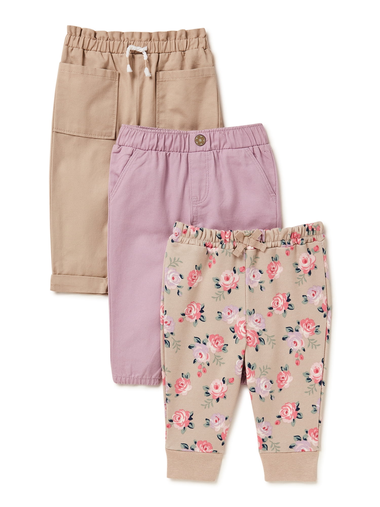 Garanimals Baby Girl Pull-On Pants and Joggers, 3-Pack, Sizes 0/3M-24M