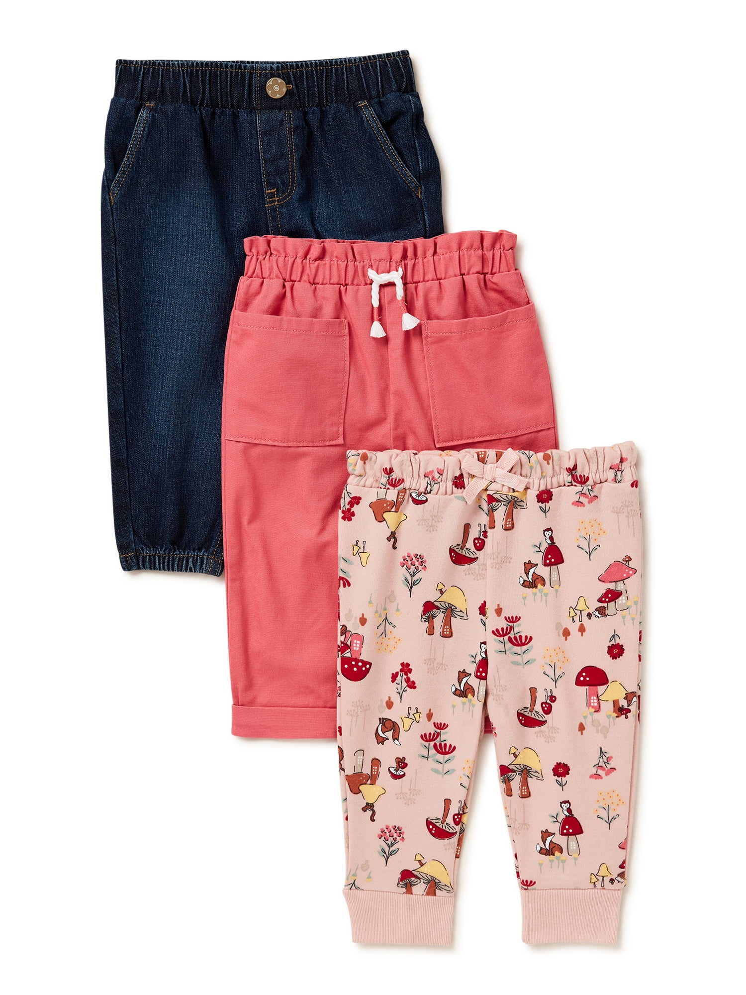 Garanimals Baby Girl Pull-On Pants and Joggers, 3-Pack, Sizes 0/3M-24M